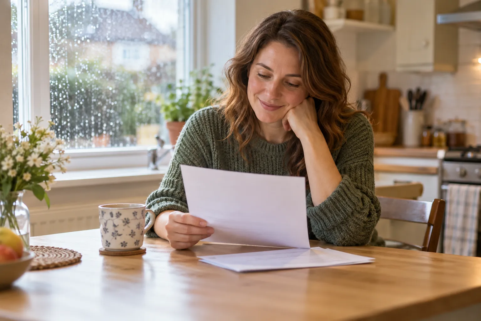 A homeowner reviewing a written roofing quote at a kitchen table in the Seattle area