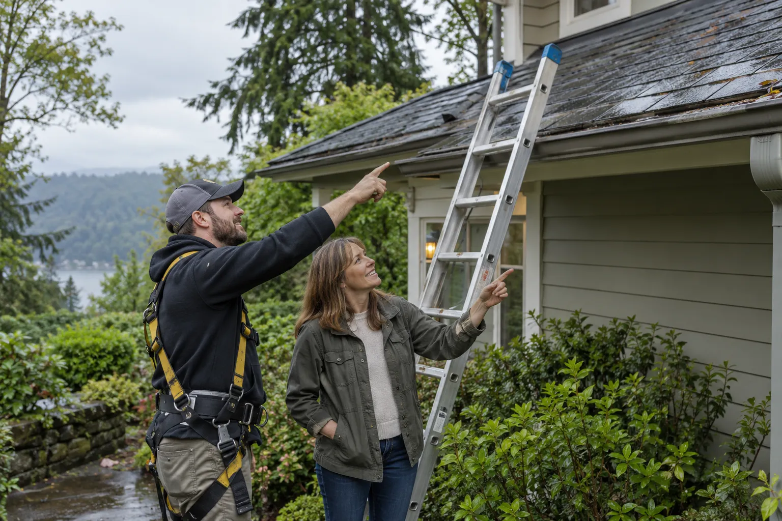 Friendly roofing provider showing a homeowner a damaged shingle area on a wood-frame home in Seattle